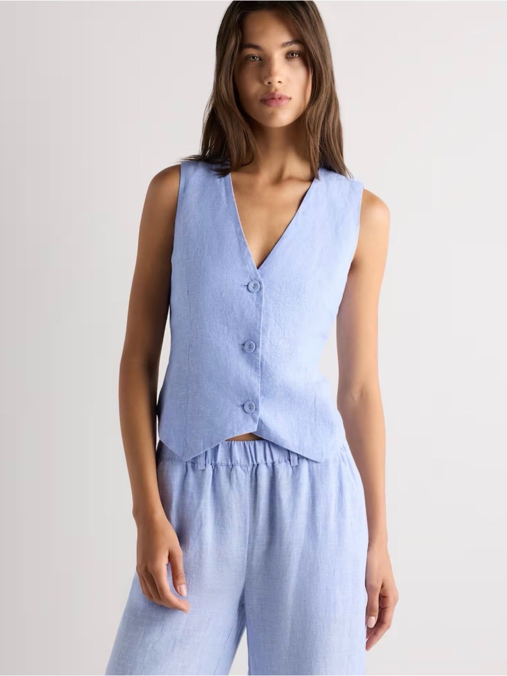 Quince Soft Blue Sleeveless Buttoned V-Neck Vest